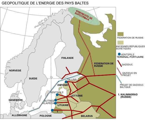 (Carte du réseau de gazoducs, des gisements et des ports en mer Baltique.)