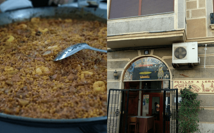 Une paella du restaurant El Raco de la paella et la devanture du restaurant