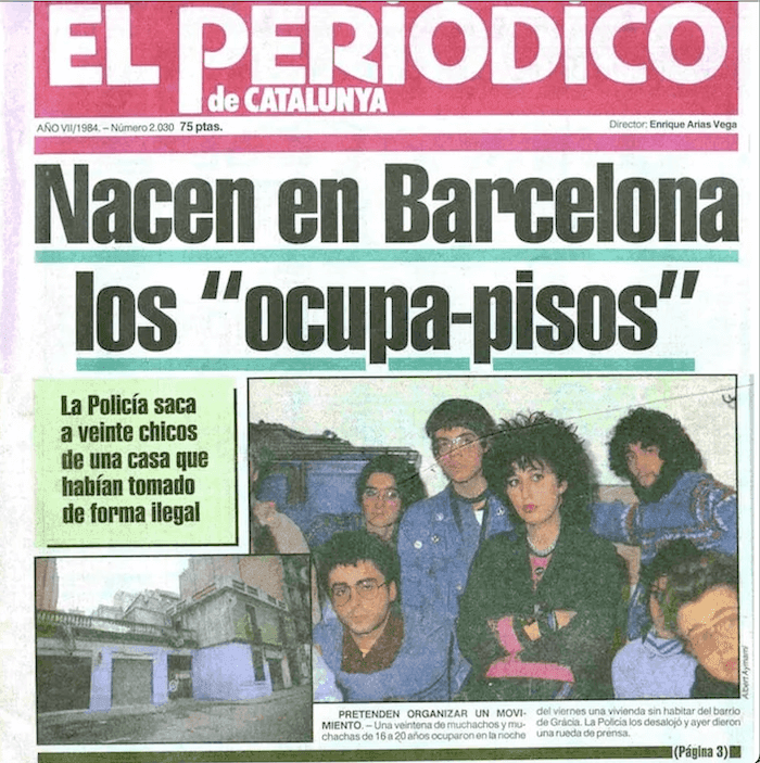 Une du journal El Periodico sur 1er okupa Barcelone 1984