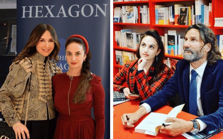 Sophie Wiesenfeld avec Elsa Zylberstein à l’occasion de la sortie du film « Simone, le voyage du siècle » (2023) et Sophie Wiesenfeld avec Frédéric Beigbeder à la librairie La Page pour la sortie de son roman « Un barrage contre l’Atlantique » (2022) - Crédit Nathalie Gayda