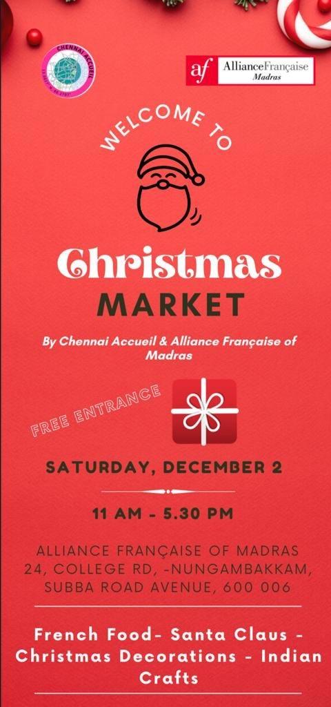 Affiche du marché de Noël de Chennai Acceuil et l'AF de Madras