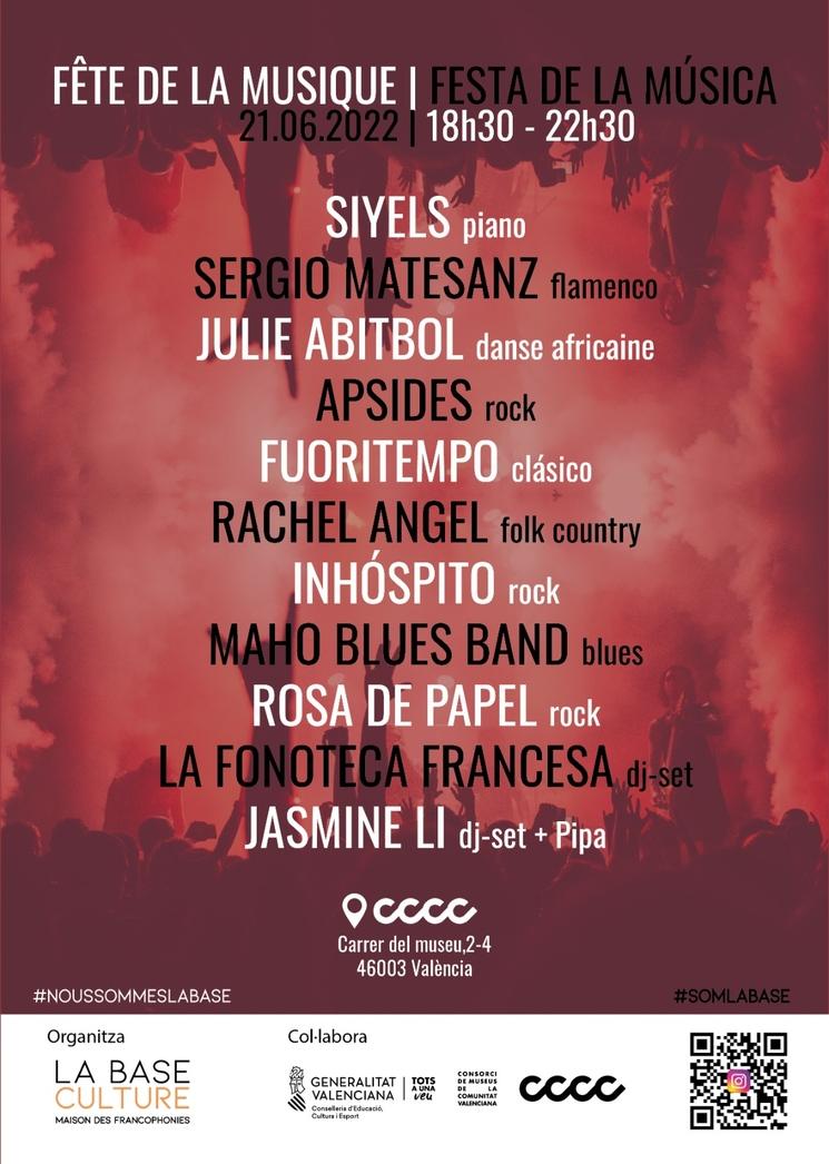 affiche rouge de la base culture pour la fete de la musique au cccc