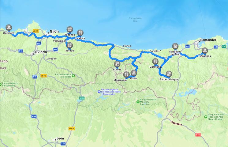 carte de la route des plus beaux villages en Cantabrie et Asturies