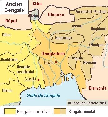 la carte du Bengale avant sa division entre l'Inde et le Bangladesh