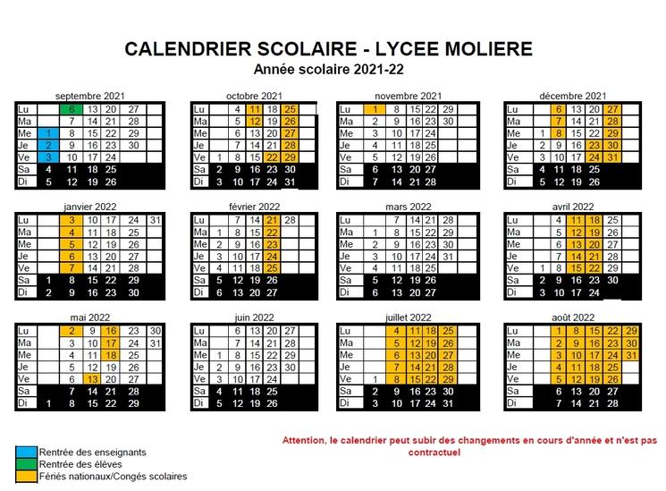 calendrier scolaire lycée Molière Madrid 2021-2022