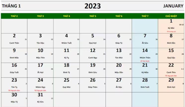 Calendrier vietnamien en janvier 2023