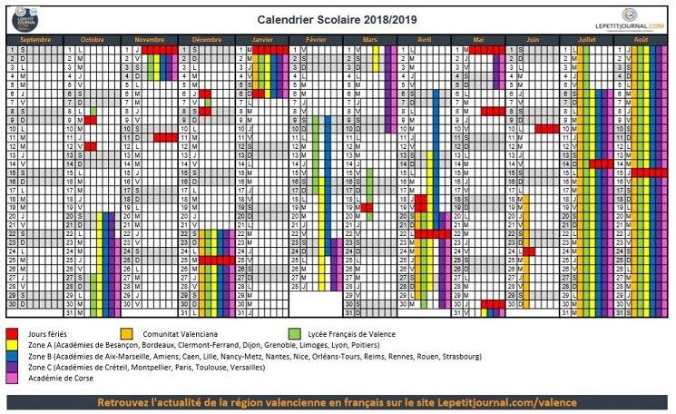 Le calendrier scolaires pour la région de Valencia, le lycée français de Valencia, la France et les jours fériés