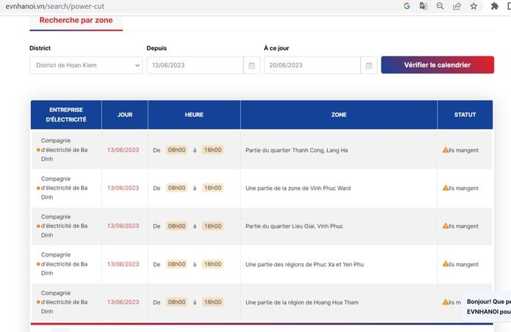 Le calendrier de coupures de courant à Hanoi 