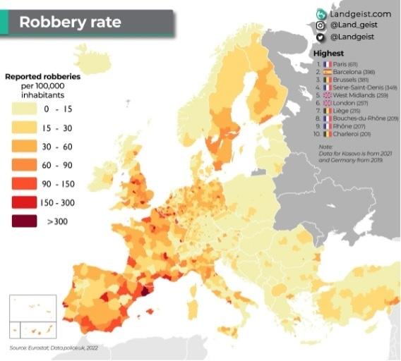 carte cambriolages pour 100000 habitants ville europe/Landgeist avec données Eurostat