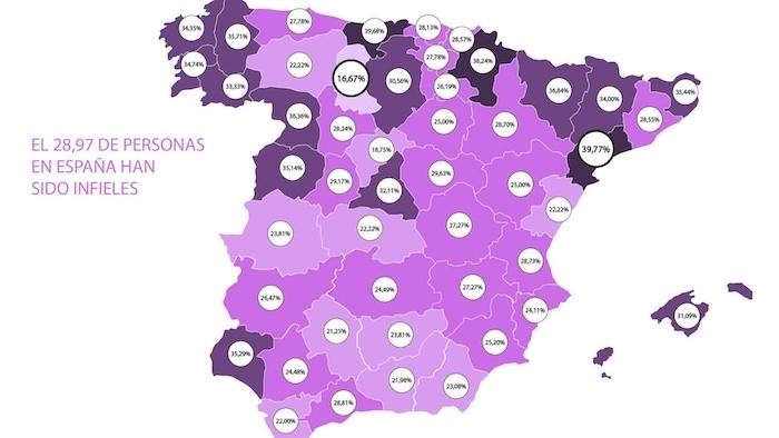 carte des provinces d'Espagne avec le plus d'infidelités