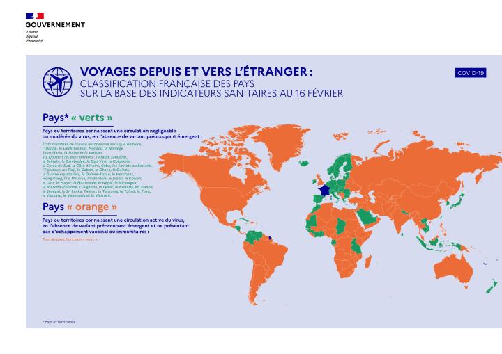 Carte de la liste verte des voyages vers la France