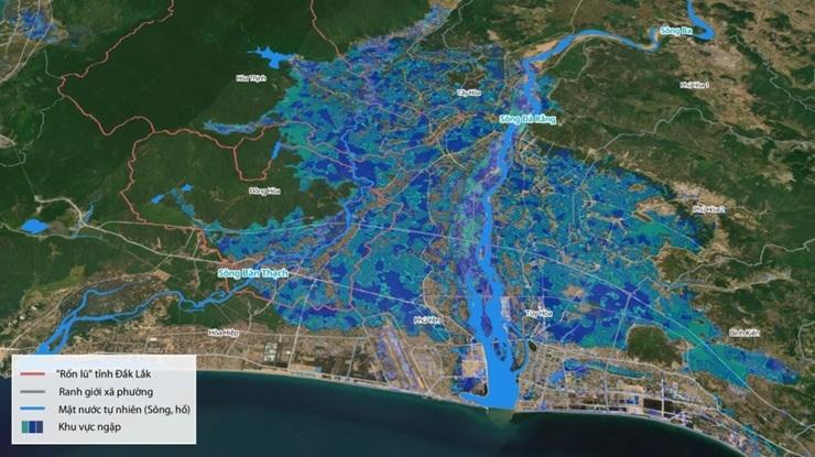 Crues de la rivière Ba : cartographie satellite de la zone sinistrée à Hoa Thinh et Dong Hoa. Données tirées de Vega Cosmos et VSGA.
