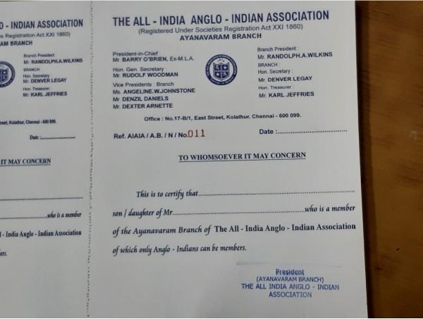 certificat d'appartenance à la communauté anglo indienne