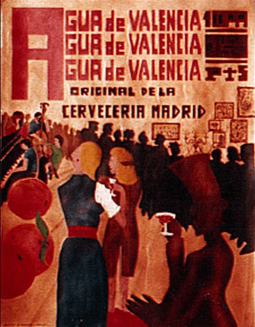 affiche rouge de publicité pour l'agua de valencia