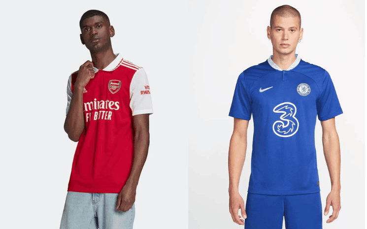 Les maillots 2022-2023 des clubs de football londoniens d'Arsenal et de Chelsea, à offrir pour Noël