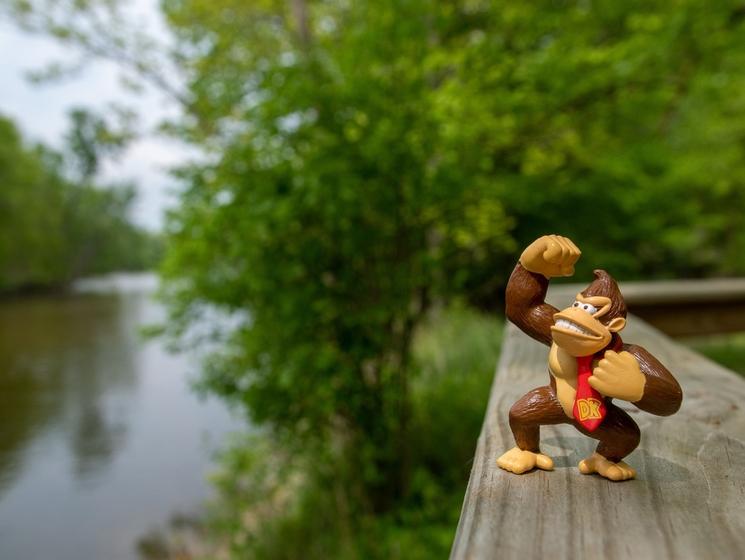 le jouet est courageux au bord d'une rivière 