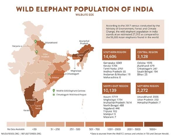 carte de la population des éléphants en Inde