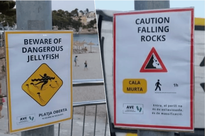 de faux panneaux de danger pour que les touristes n'aillent pas sur les plages à Majorque