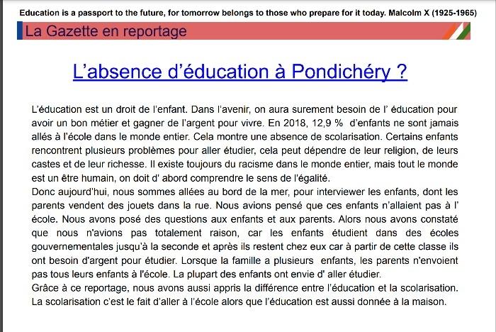 La 1ere page du dossier Education de la Gazette des ELFI