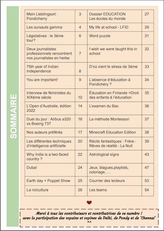 Le sommaire de la Gazette des lycees francais en Inde