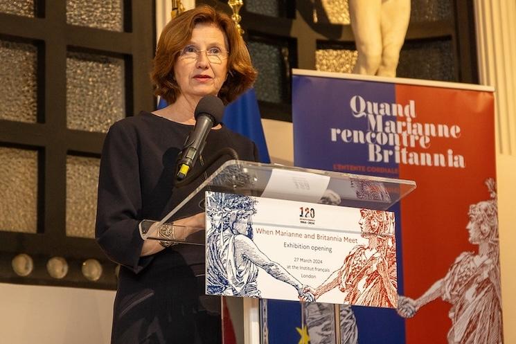 Hélène Duchene lors de l'inauguration de l'exposition consacrée à l'Entente Cordiale à l'Institut Français de Londres