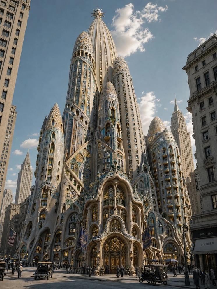 L'hotel Attraction à New York imaginé par Gaudi et réalisé en IA par Thierry Lechanteur