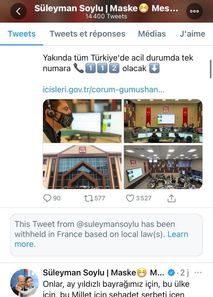 Süleyman Soylu France Tweet suspendu