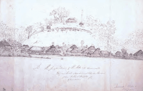 Singapour en 1823 avec la maison de Raffles perchée sur Fort Canning (© National Gallery of Singapore)