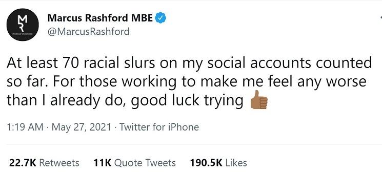 Une capture d'écran du tweet de Marcus Rashford en mai dernier