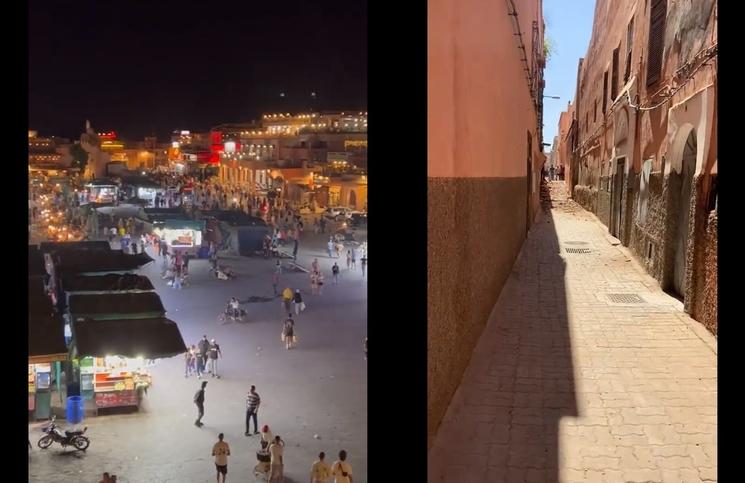 Photos prises dans la ville de Marrakech le 9 septembre 2023 - à gauche, la place Jemaa El Fna, à droite le vieux quartier juif 