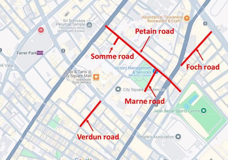 Les noms des rues du quartier de Jalan Besar font référence a des personnages ou des lieux de la premiere guerre mondiale.