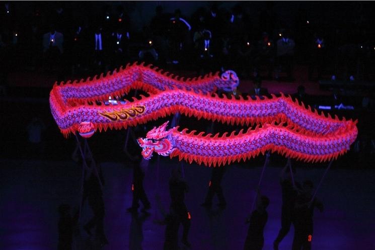 Un dragon illuminé dans de nuit.