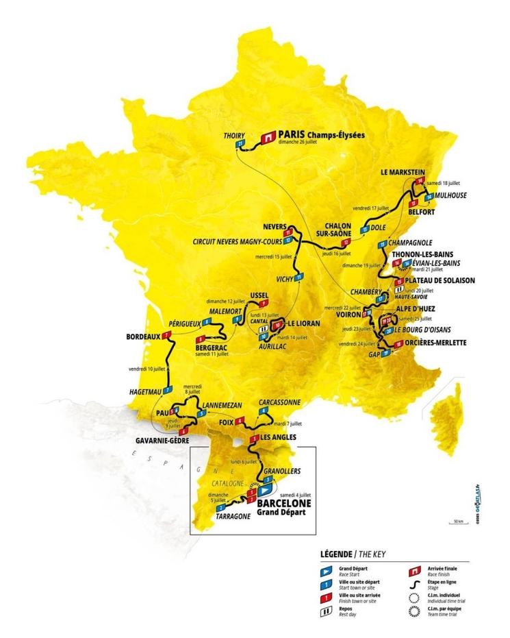 carte du parcours du tour de France 