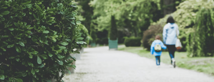 parent et enfant se promène sur chemin dans un parc main dans la main 