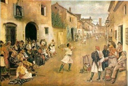 le tableau Joc de pilota de Josep Bru i Albinyana représentant une personne en train de jouer à la pelote valencienne