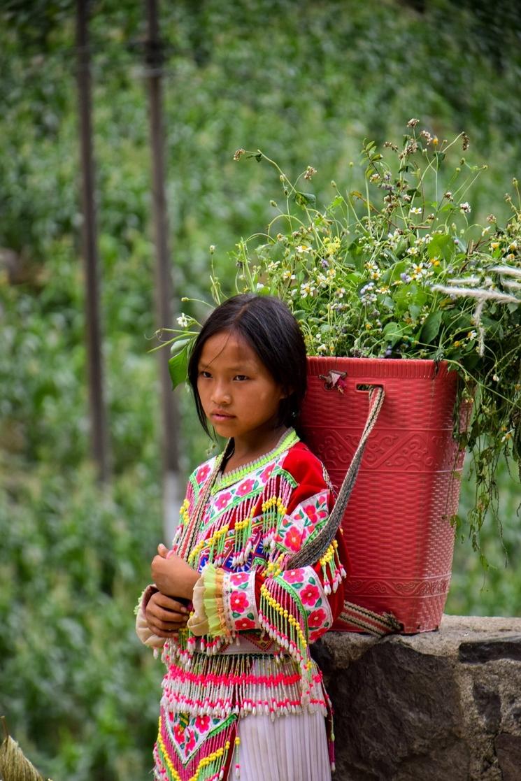 Une petite fille vietnamienne dans ses pensées à Ha Giang