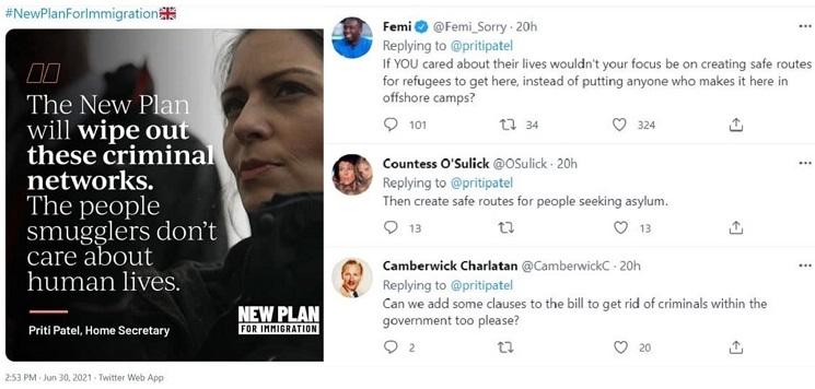 Montage du tweet de Priti Patel et de commentaires d'autres utilisateurs lui répondant