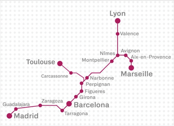 carte du réseau ferroviaire RENFE entre la France et l'Espagne