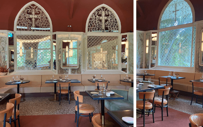 Le restaurant Claudine et ses grandes fenêtres estampillées d'une croix 