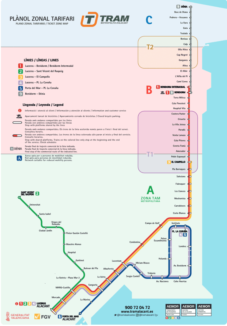 Le plan des lignes de tramway à Alicante