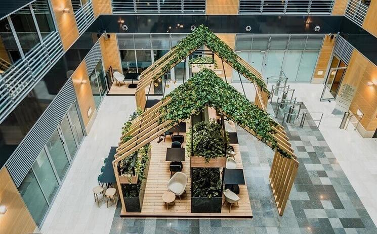 une maison en bois et plantes au milieu d'un bureau