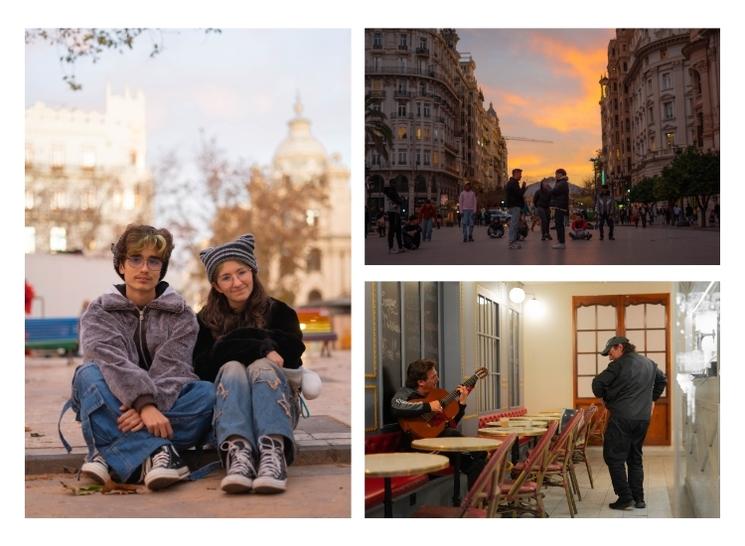 Scènes de vie quotidienne à Valence, Espagne : un jeune couple assis dans un parc, la ville illuminée au crépuscule et un guitariste jouant dans un café