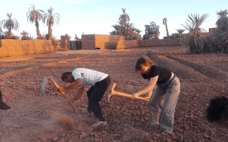 Hassan et une volontaire travaillent la terre