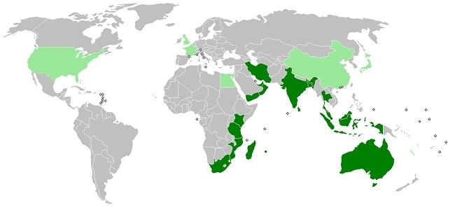 Les pays membres de l'IORA (vert foncé) et les pays observateurs (vert clair)