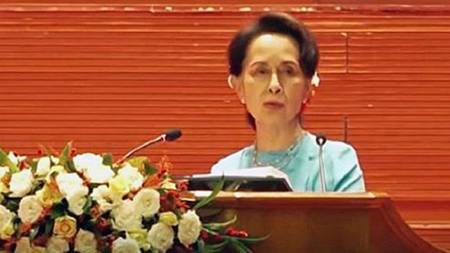 Daw Aung San Suu Kyi le 19 août 2020 lors de son discours inaugural de cette quatrième session