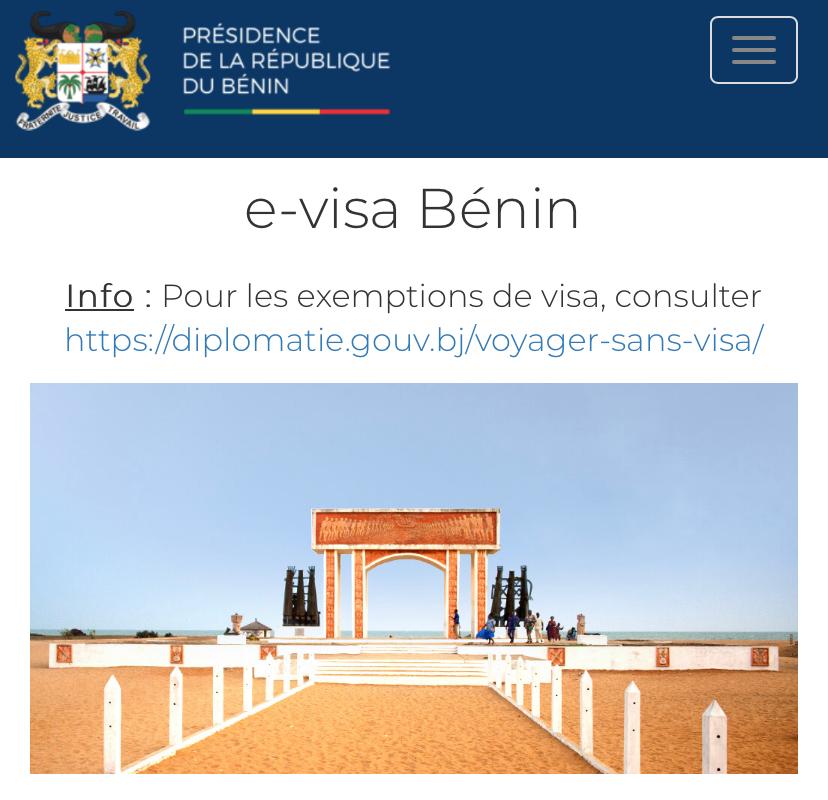 Portail du site internet consacré aux demandes de visas pour se rendre au Bénin