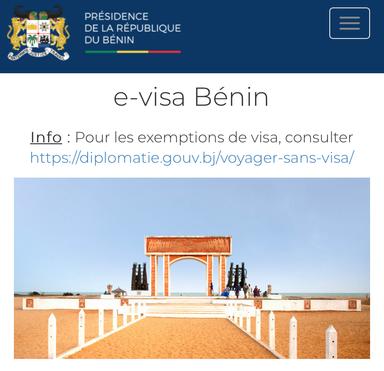 Portail du site internet consacré aux demandes de visas pour se rendre au Bénin
