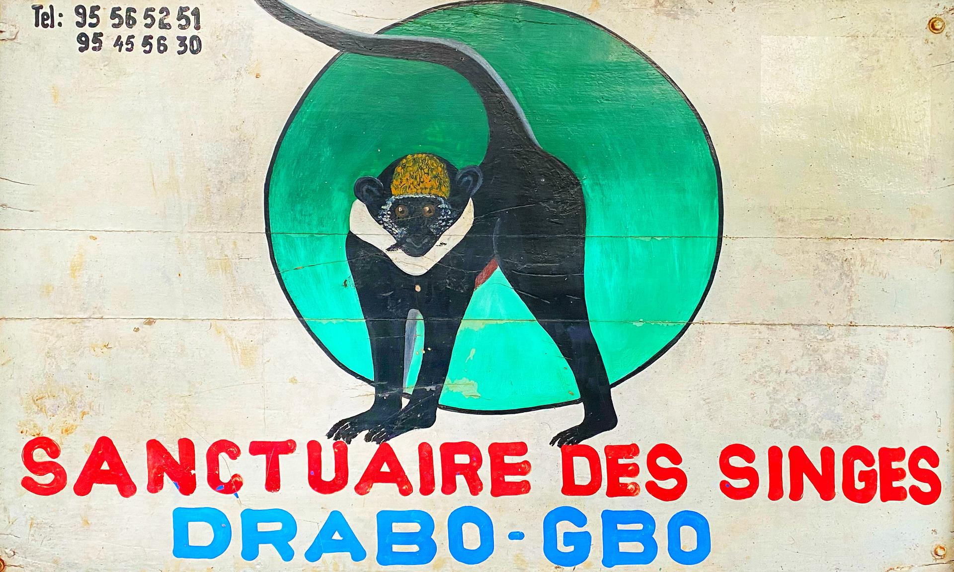 Entrée du sanctuaire des singes de Drabo-Gbo avec les numéros de téléphone.