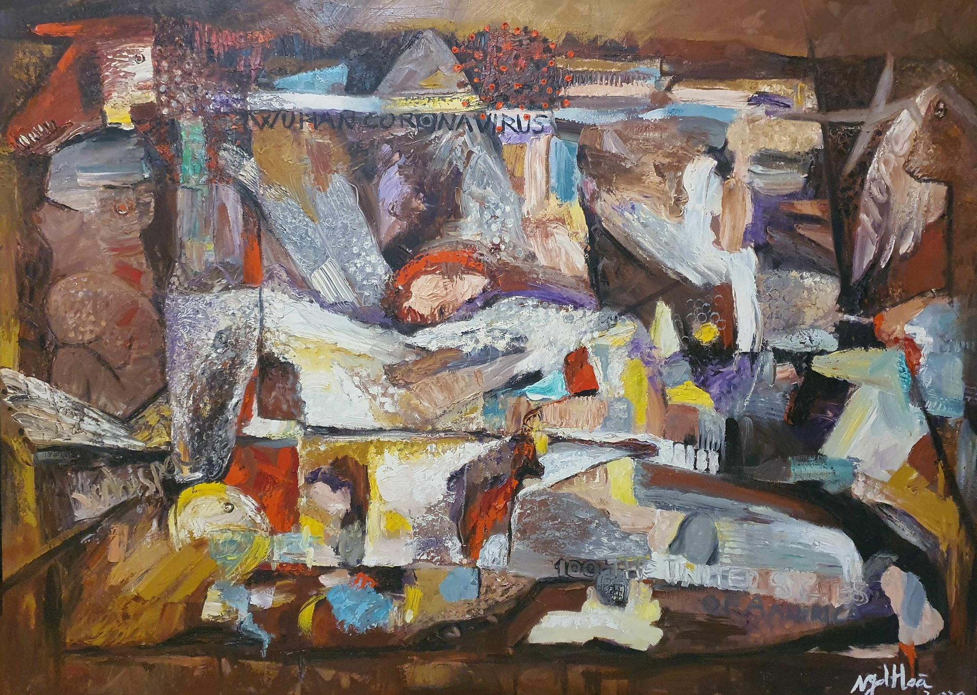 quatre peintres exposent leurs oeuvres artistiques au méridien de saigon au vietnam