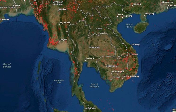 Carte Nasa des incendies en Thailande au 29 avril